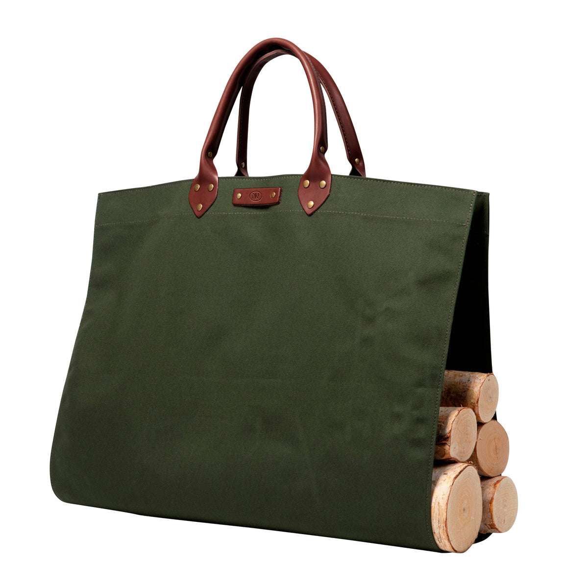 Green tote bag with brown handles holding wooden logs on a white background