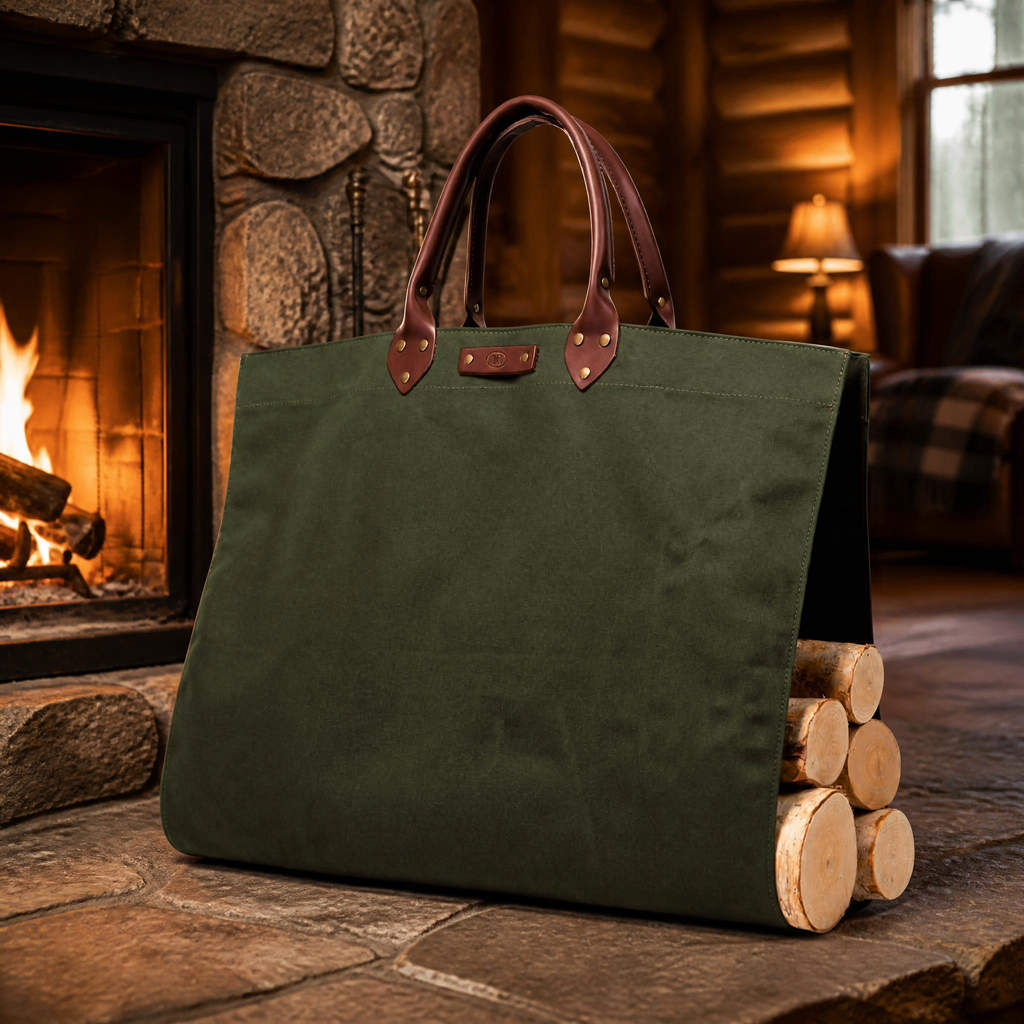 Pine green canvas log carrier with leather handles loaded with firewood on a rustic stone hearth by a cabin fireplace