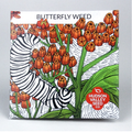 A square seed packet for 'Butterfly Weed' from Hudson Valley Seed Co, featuring an illustrated design of orange butterfly weed flowers, green stems, and a black-and-white striped milkweed leaf on a white background.